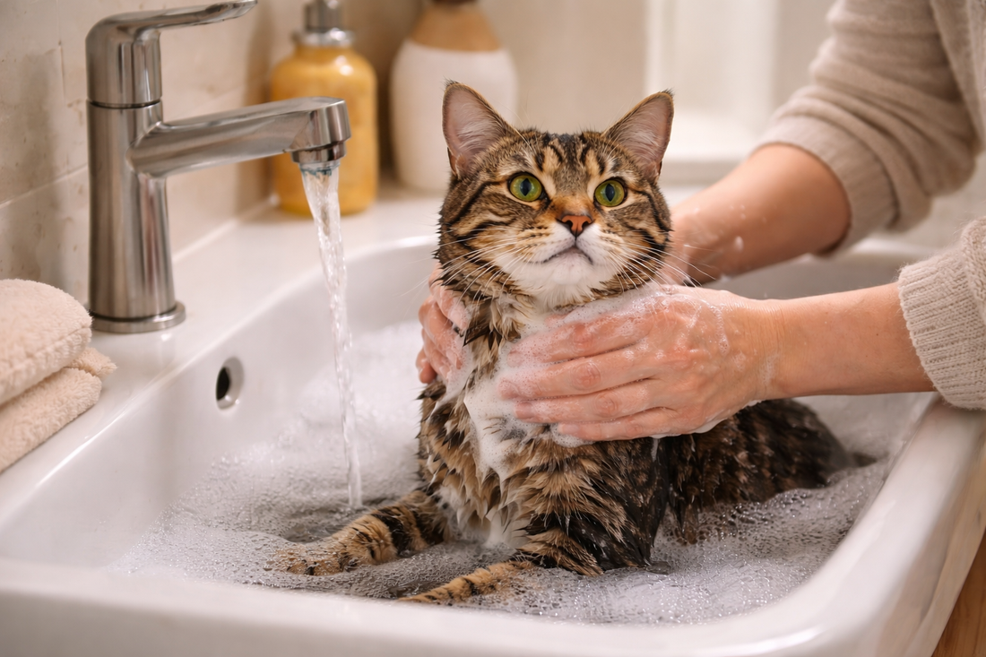 Lavage doux d’un chat à la maison dans un environnement calme et sécurisé – Litière Pacha