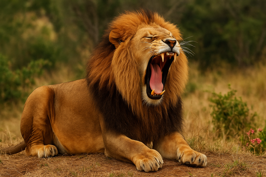 Lion sauvage en train de bâiller dans la savane – Litière Pacha