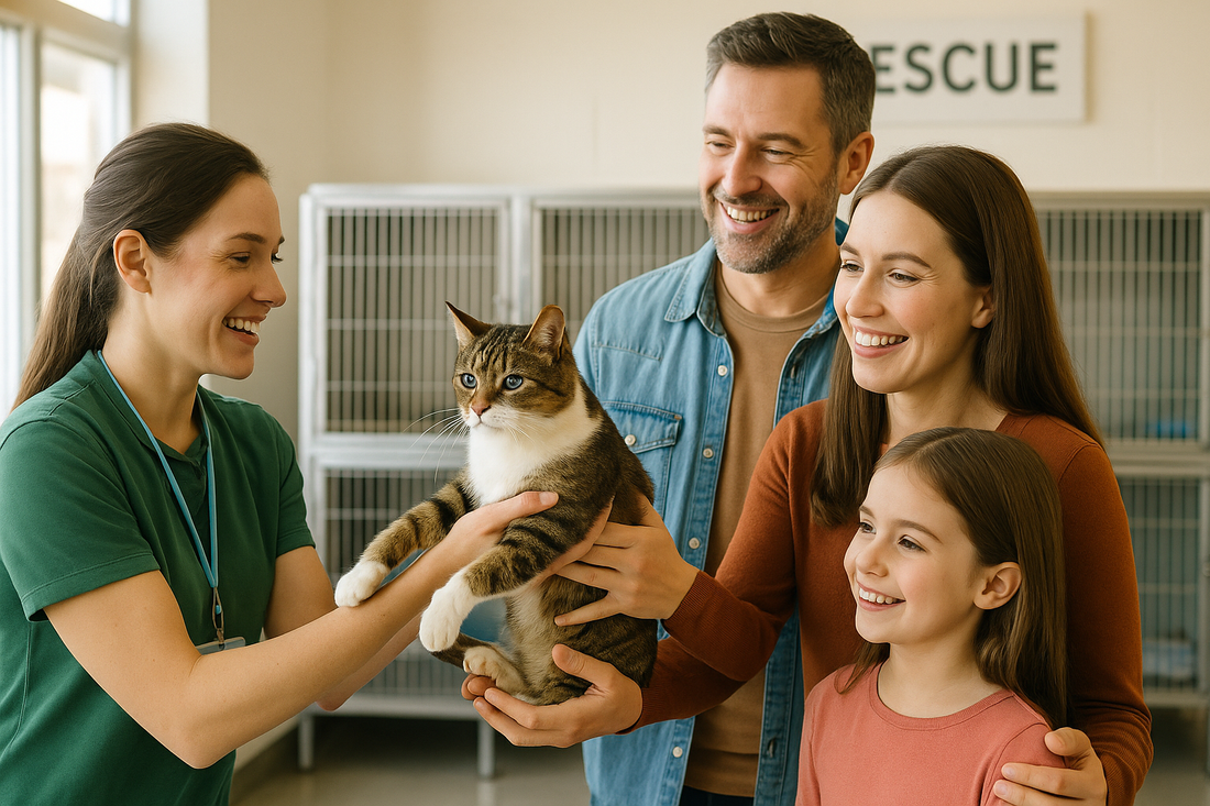 amille adoptant un chat sauvé d’un refuge, bénévole remettant l’animal avec douceur, ambiance chaleureuse et positive – Litière Pacha