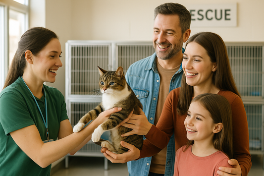 amille adoptant un chat sauvé d’un refuge, bénévole remettant l’animal avec douceur, ambiance chaleureuse et positive – Litière Pacha
