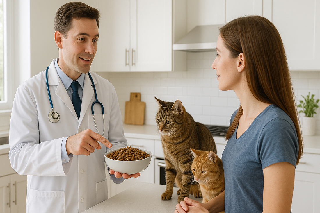 Vétérinaire présentant une alimentation riche en protéines pour chat, associée à la Litière Pacha.