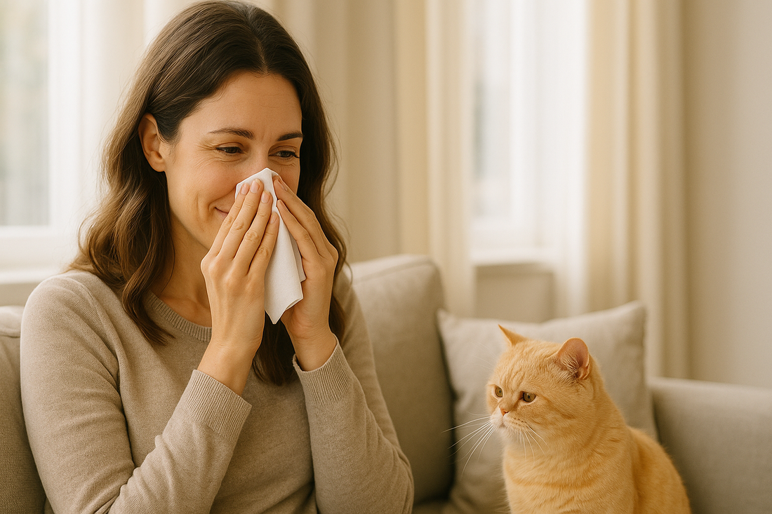 Femme assise sur un canapé tenant un mouchoir avec un chat à proximité, intérieur lumineux et propre, illustrant les allergies aux chats – Litière Pacha