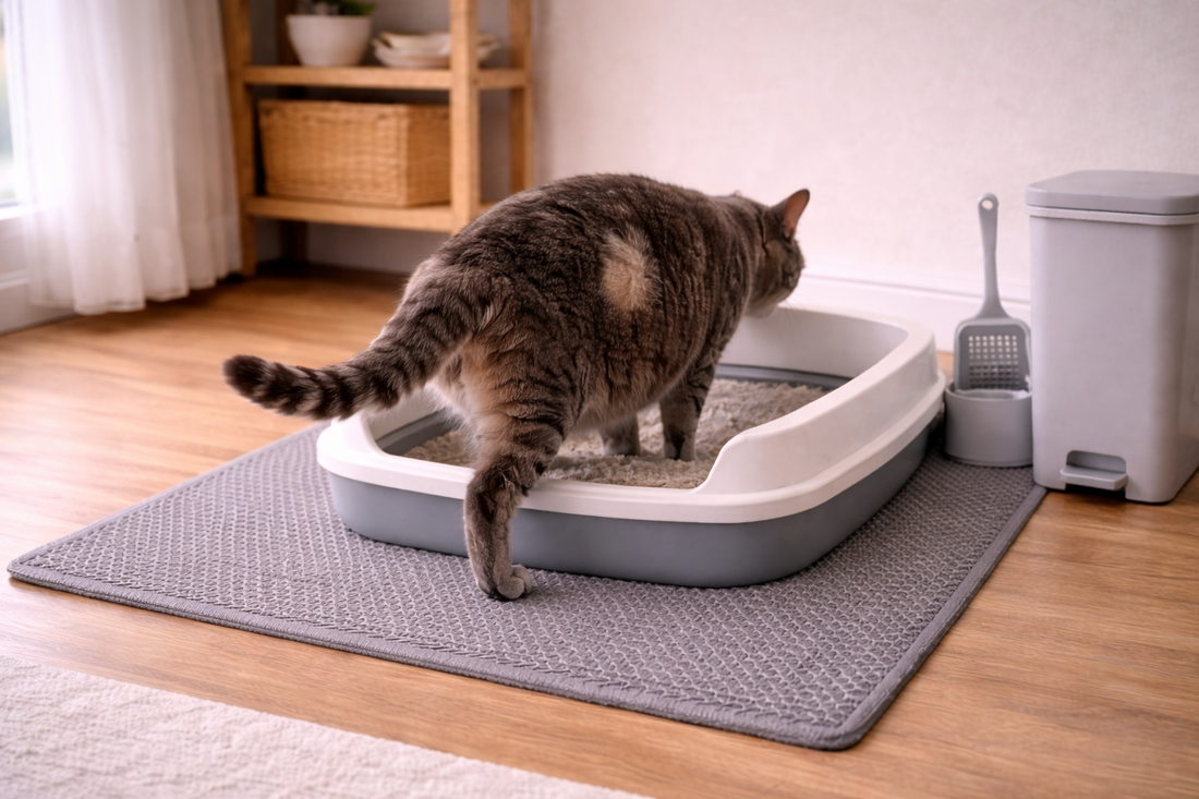 Litière Pacha : chat âgé utilisant un bac à litière ouvert avec entrée basse dans un coin calme