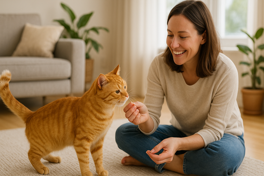 Propriétaire assis calmement offrant une friandise à son chat curieux, créant un lien de confiance dans une maison propre avec Litière Pacha.