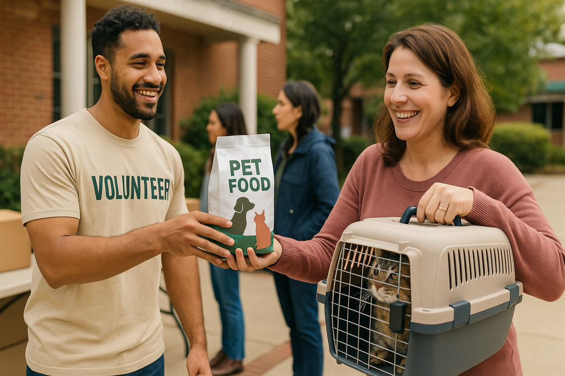 Bénévole remettant un sac de nourriture pour animaux à un propriétaire tenant une caisse de transport pour chat, scène solidaire et chaleureuse – Litière Pacha