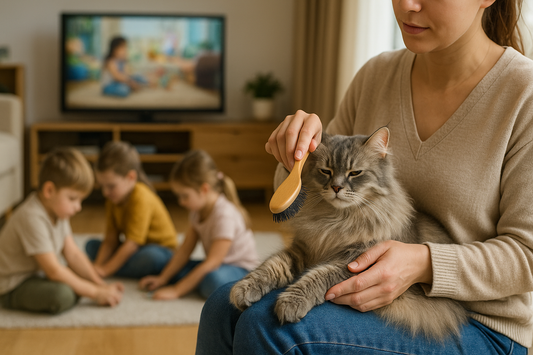 Propriétaire brossant doucement un chat à poils longs dans un salon lumineux, moment de détente et de soin avec Litière Pacha.