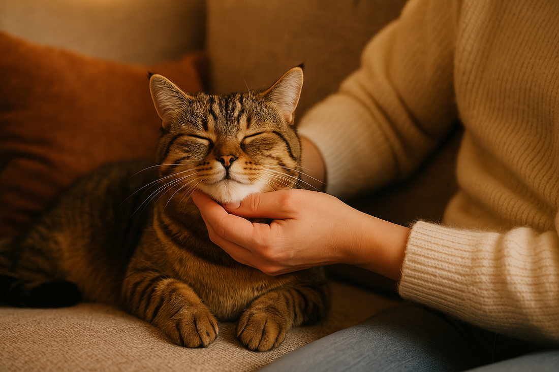 Propriétaire caressant tendrement son chat sous le menton, moment de confiance et d’affection renforcé grâce à Litière Pacha.