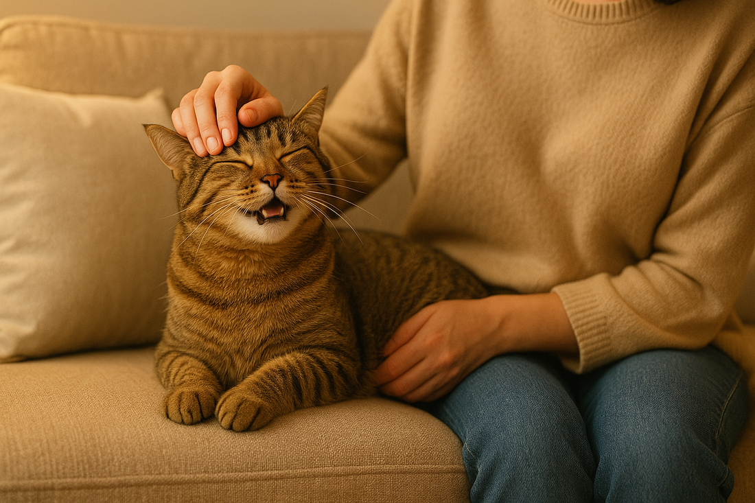 Propriétaire caressant tendrement son chat sur le canapé, moment de complicité et de bien-être avec Litière Pacha.