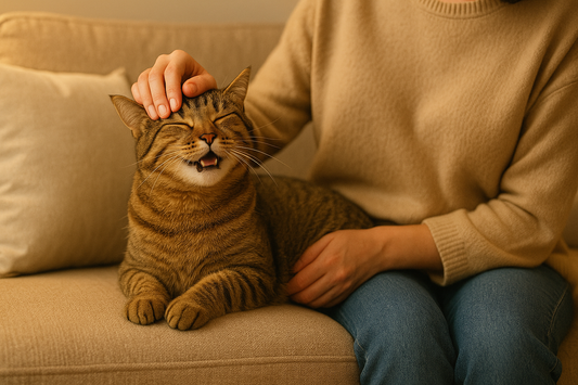 Propriétaire caressant tendrement son chat sur le canapé, moment de complicité et de bien-être avec Litière Pacha.