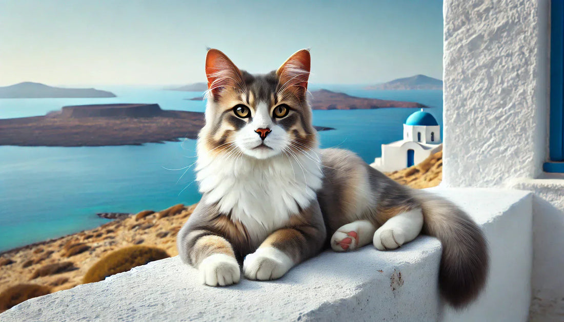 Un chat Aegean hybride repose sur un mur en pierre blanche avec une vue magnifique sur la mer bleue et les îles au loin. Son pelage blanc et gris contraste avec le paysage méditerranéen ensoleillé. Litière Pacha.