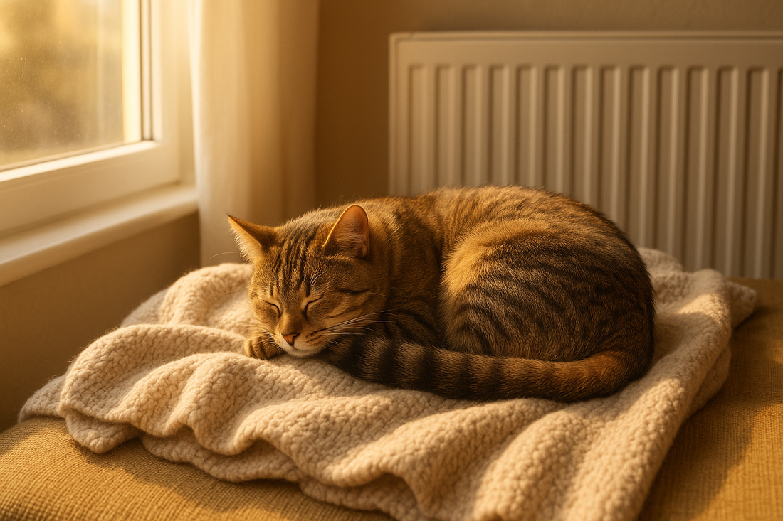 Chat confortablement installé sur une couverture près d’un radiateur, illustrant la chaleur et le bien-être hivernal grâce à Litière Pacha.