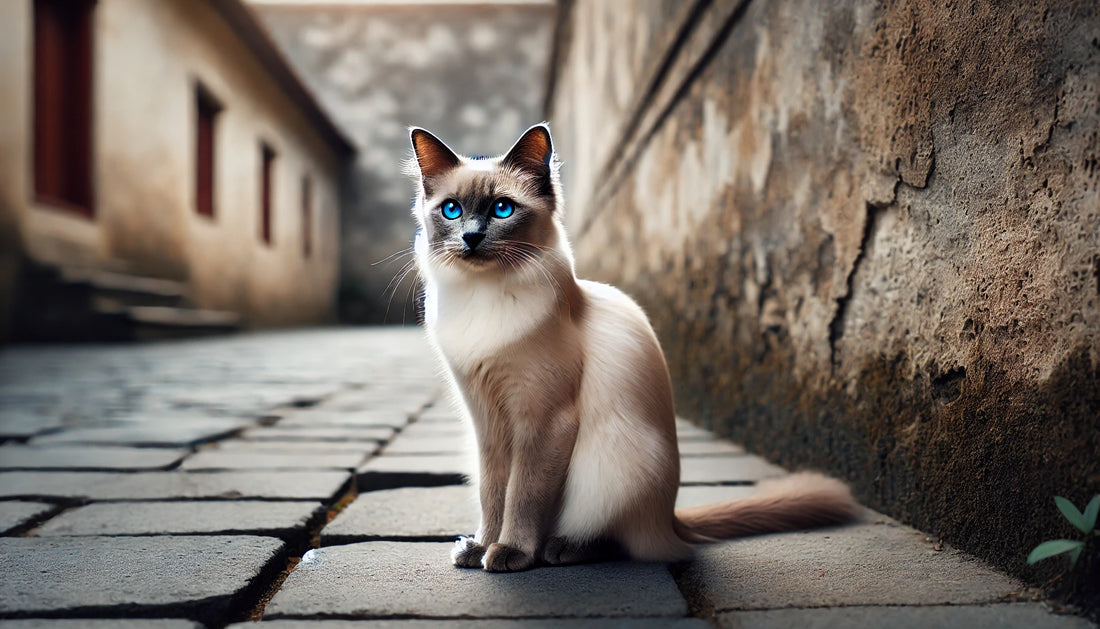 Chat de race balinais avec des yeux bleus perçants, assis élégamment sur un pavé en pierre devant un mur texturé ancien. Litière Pacha.