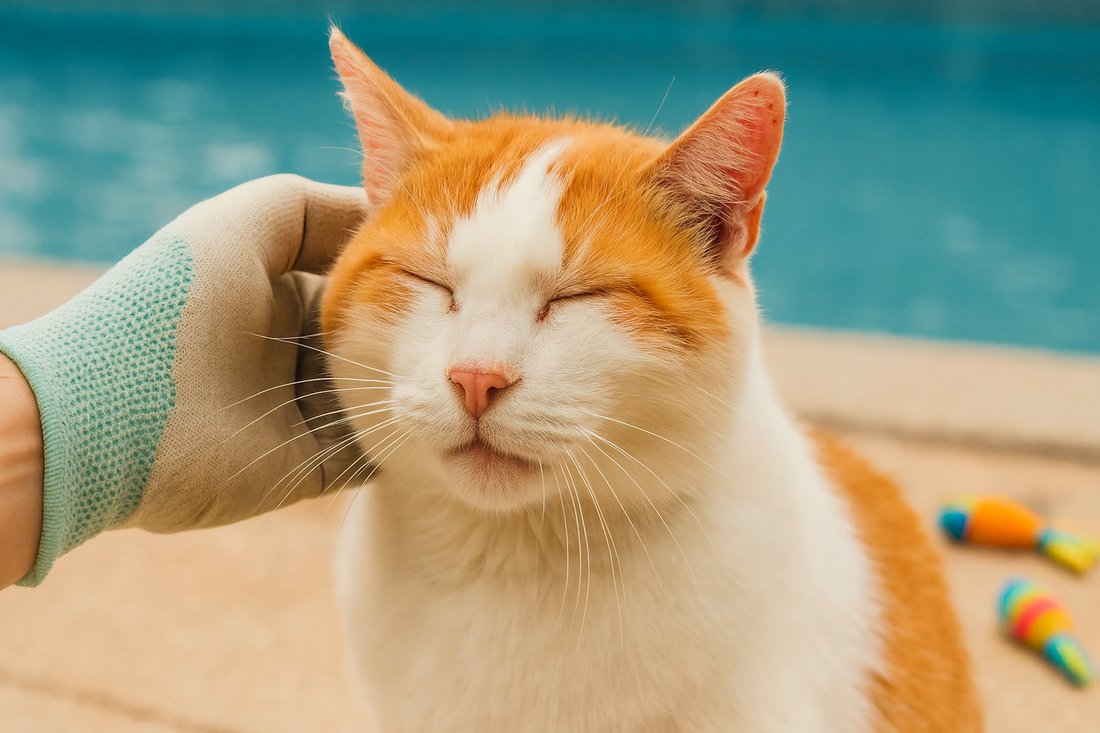 Chat blanc et roux profitant de caresses près d’une piscine avec jouets – Litière Pacha