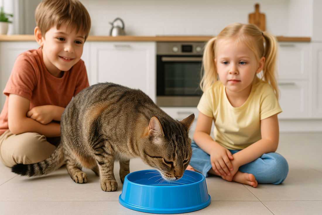 Chat domestique buvant excessivement de l’eau dans sa gamelle, signe de polydipsie, surveillé avec Litière Pacha.