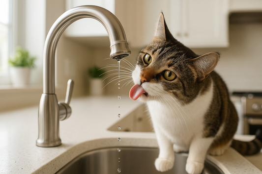 Chat domestique curieux buvant au robinet dans une cuisine ensoleillée – Litière Pacha