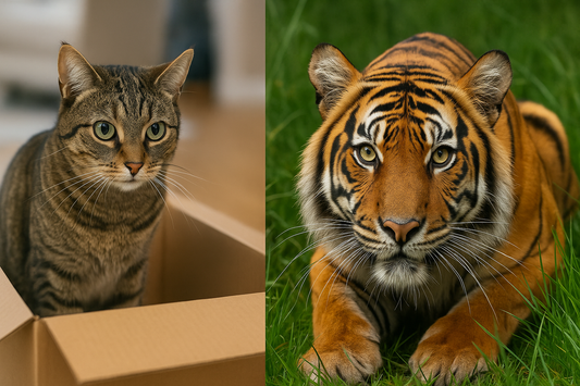 Chat assis dans une boîte en carton et tigre dans la jungle, illustrant leurs instincts communs avec Litière Pacha.