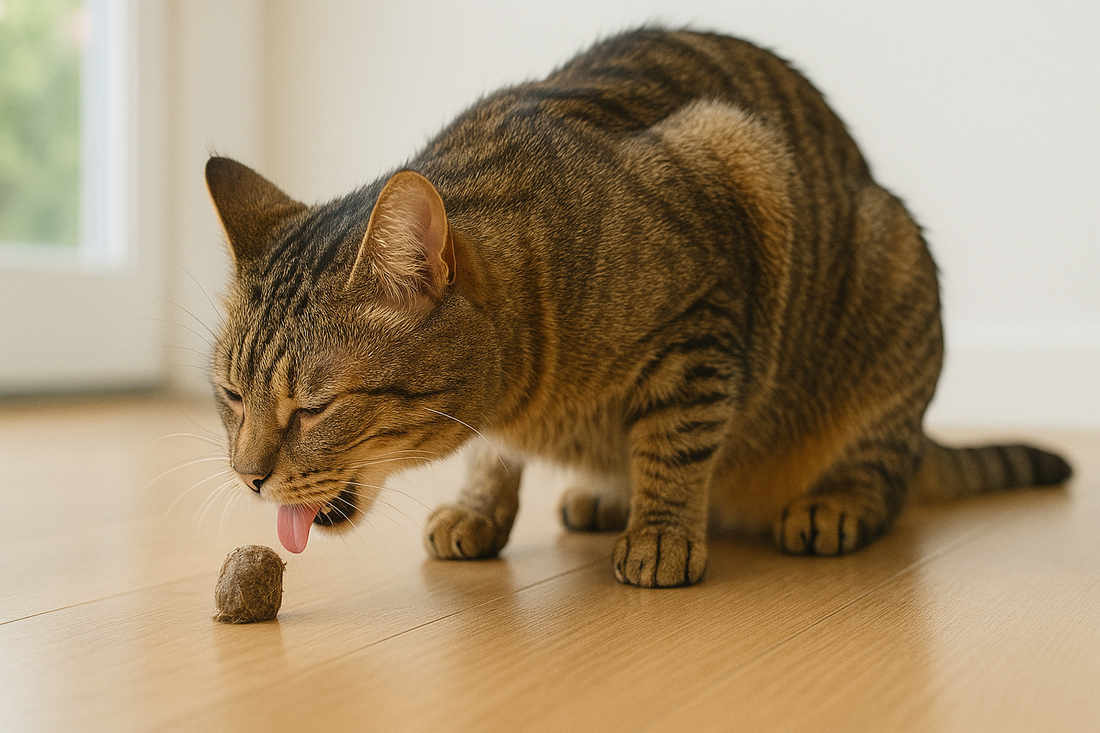 Chat régurgitant une boule de poils, cause fréquente des vomissements, prévention facilitée avec Litière Pacha.