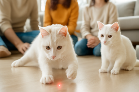 Chat domestique jouant et bondissant pour attraper un point laser rouge sur le sol, illustrant l’instinct de chasse et l’énergie féline avec Litière Pacha.