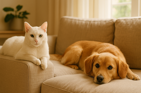 Chat et chien allongés ensemble sur un canapé dans un salon lumineux, atmosphère paisible et chaleureuse – Litière Pacha