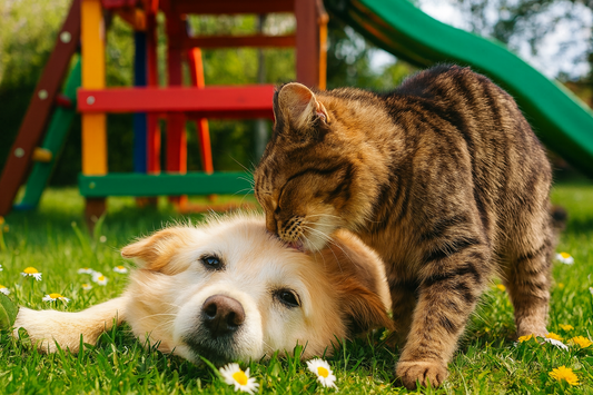 Chat et chien profitant d’un moment ensemble dans un jardin avec fleurs et aire de jeux – Litière Pacha