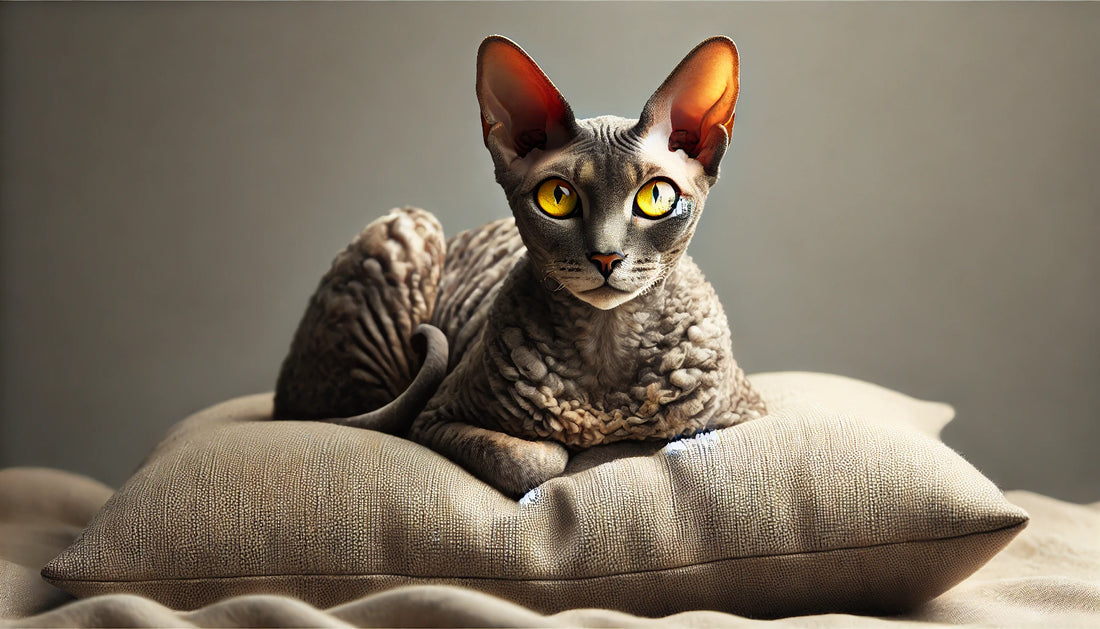 Chat Cornish Rex aux yeux jaunes perçants, allongé confortablement sur un coussin beige dans un cadre sobre avec un fond gris. Litière Pacha.