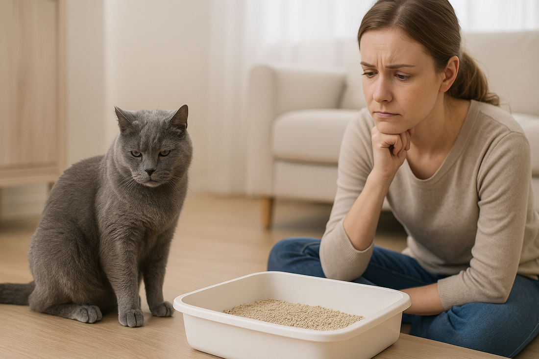 Chat gris semblant malade assis près d’un bac à litière, propriétaire inquiet observant la situation – Litière Pacha