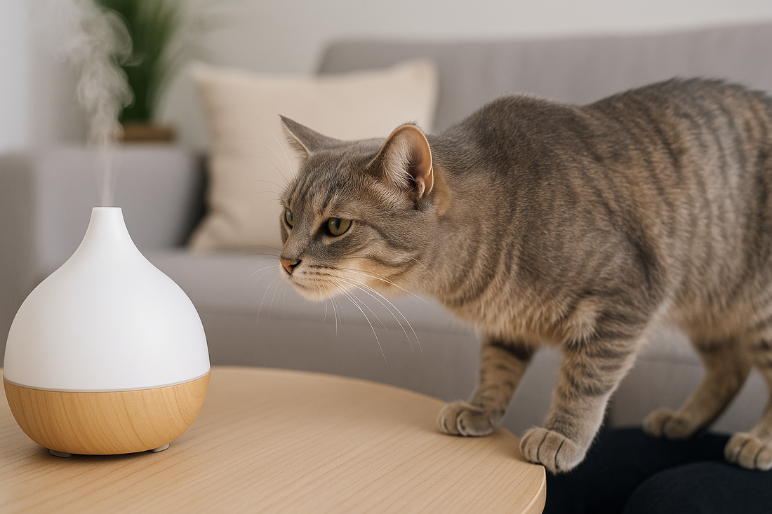Chat domestique reniflant un diffuseur d’huiles essentielles, illustrant les risques pour sa santé avec Litière Pacha.