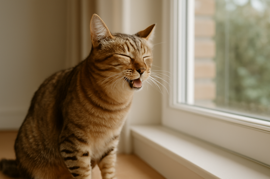Chat domestique éternuant doucement près d’une fenêtre, illustrant une allergie féline légère dans une maison propre avec Litière Pacha.