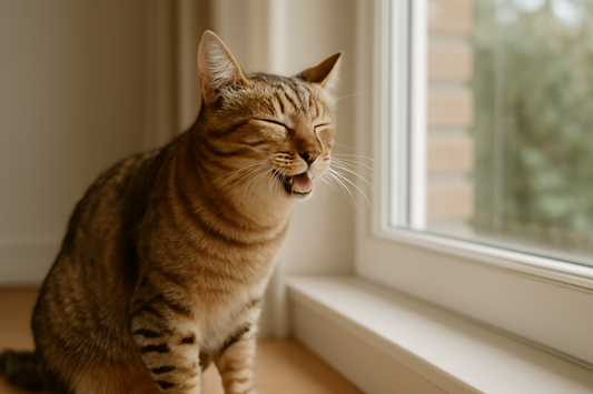 Chat domestique éternuant doucement près d’une fenêtre, illustrant une allergie féline légère dans une maison propre avec Litière Pacha.