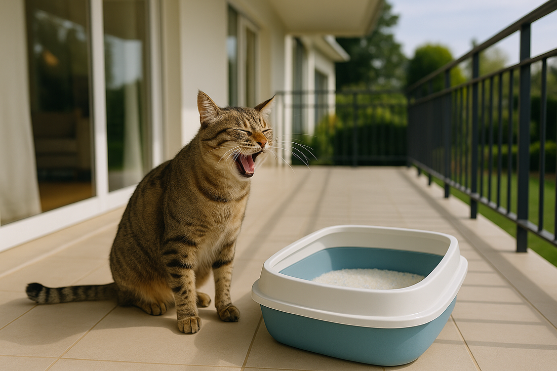 Chat éternuant près de son bac à litière, signe d’allergie potentielle, solutionnée avec Litière Pacha.