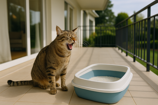 Chat éternuant près de son bac à litière, signe d’allergie potentielle, solutionnée avec Litière Pacha.