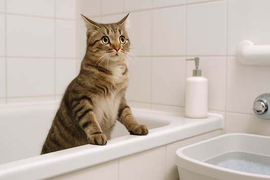Chat domestique reculant devant une baignoire remplie d’eau, illustrant l’aversion naturelle des félins pour l’eau avec Litière Pacha.