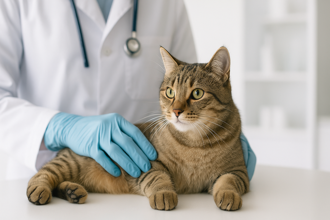 hat examiné par un vétérinaire sur une table de clinique, représentant la prévention des parasites et le suivi de santé avec Litière Pacha.