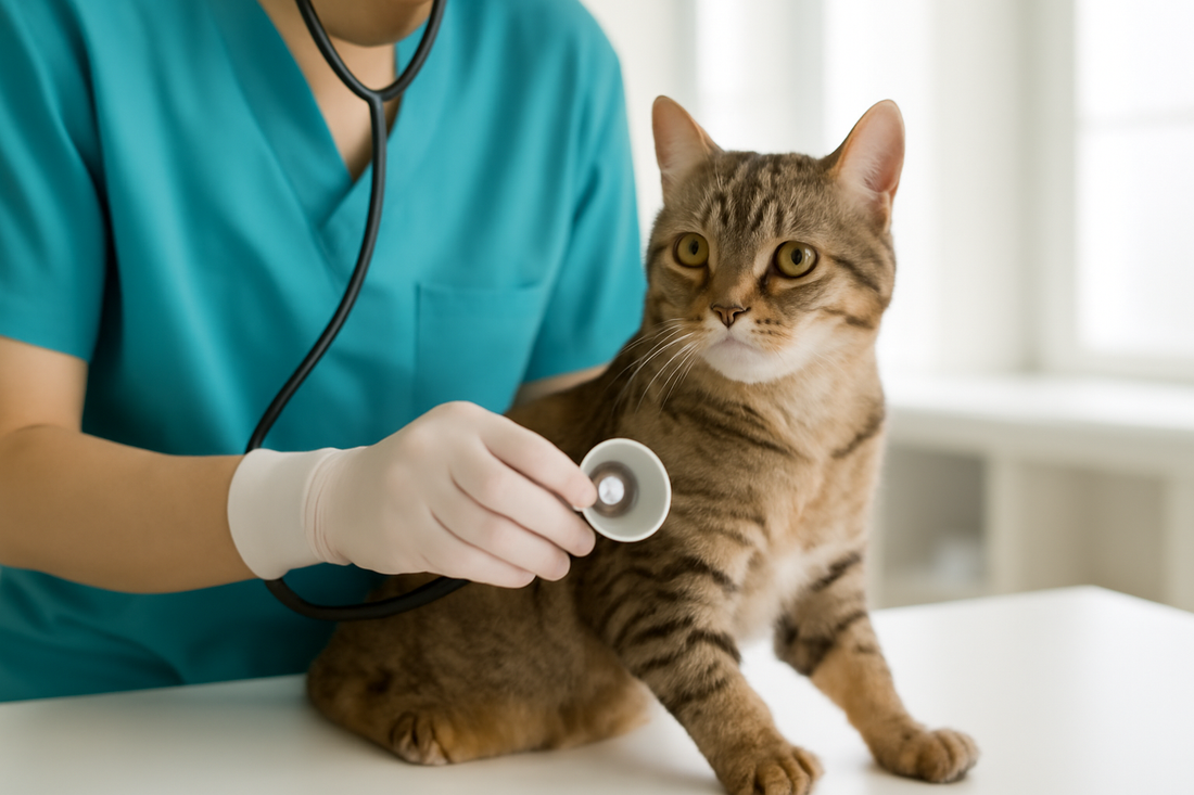 Chat examiné par un vétérinaire sur une table propre et lumineuse, illustrant les soins médicaux et la santé urinaire féline avec Litière Pacha.