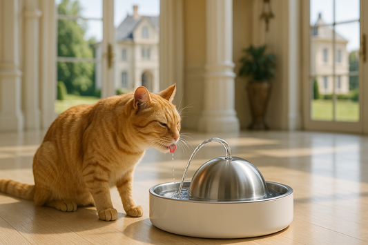 Chat domestique buvant dans une fontaine à eau, prévention des infections urinaires grâce à une bonne hydratation et Litière Pacha.