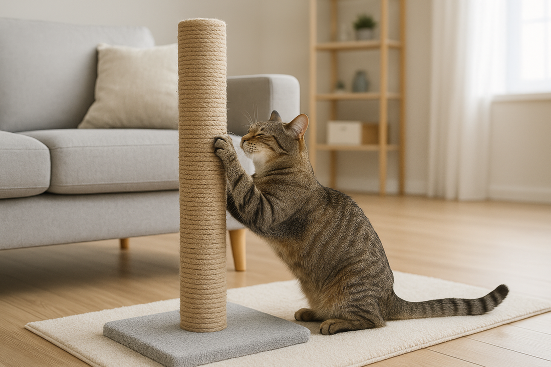 Chat utilisant un griffoir au lieu du canapé, solution pour éviter les dégâts et préserver la maison avec Litière Pacha.