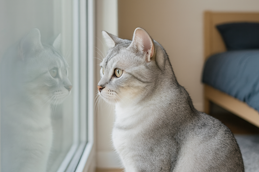 Chat gris regardant par la fenêtre dans une chambre avec lit et panier pour chat – Litière Pacha