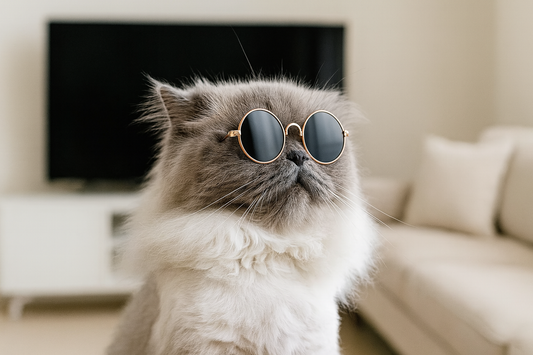 Chat gris avec lunettes de soleil rondes dans un salon avec télévision – Litière Pacha     Ask ChatGPT
