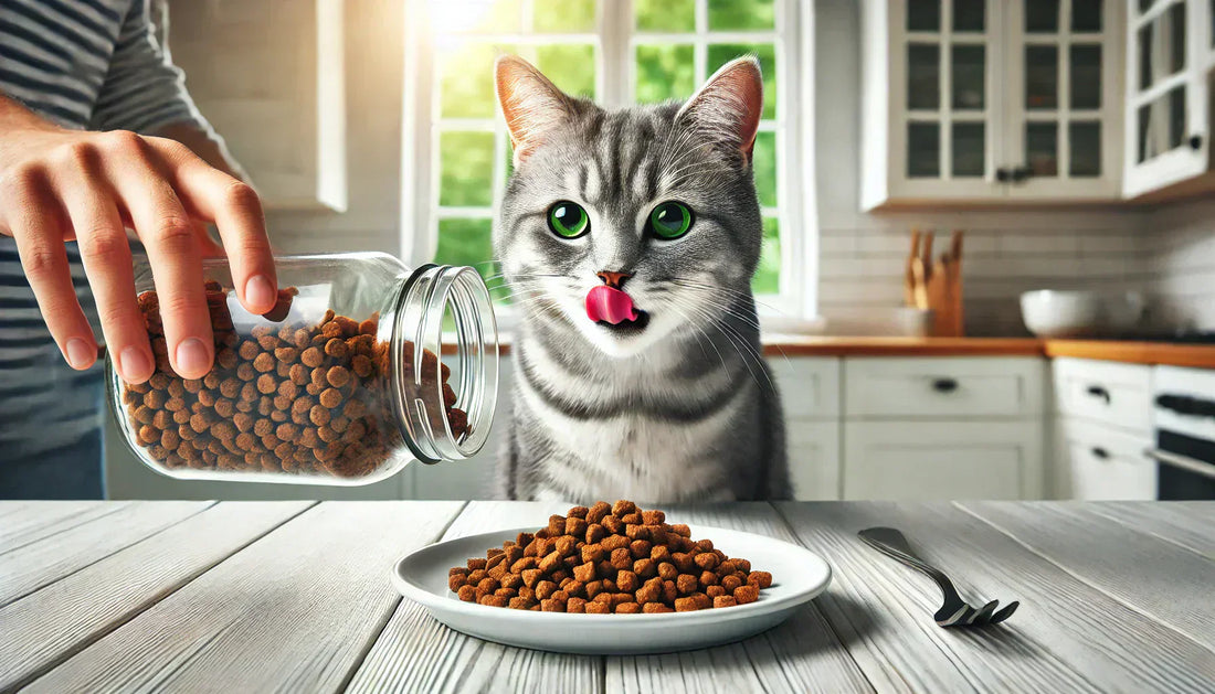 Chat gris tigré aux yeux verts dégustant ses croquettes dans une cuisine lumineuse et moderne – Litière Pacha.