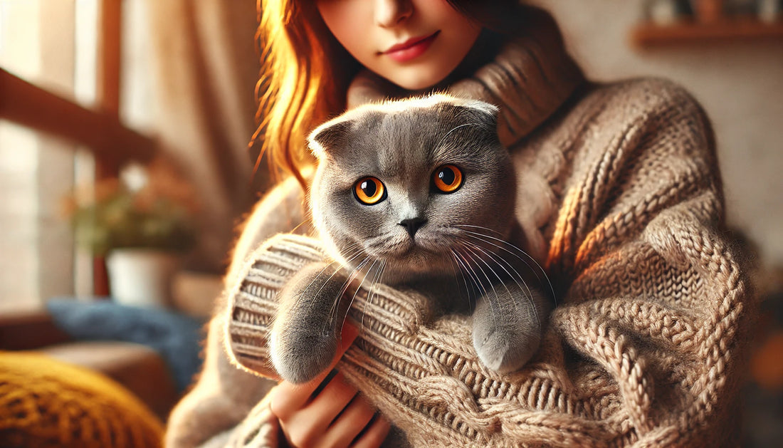 Chat gris Scottish Fold avec des yeux jaunes expressifs tenu tendrement par une femme dans un cadre chaleureux et lumineux. Litière Pacha.