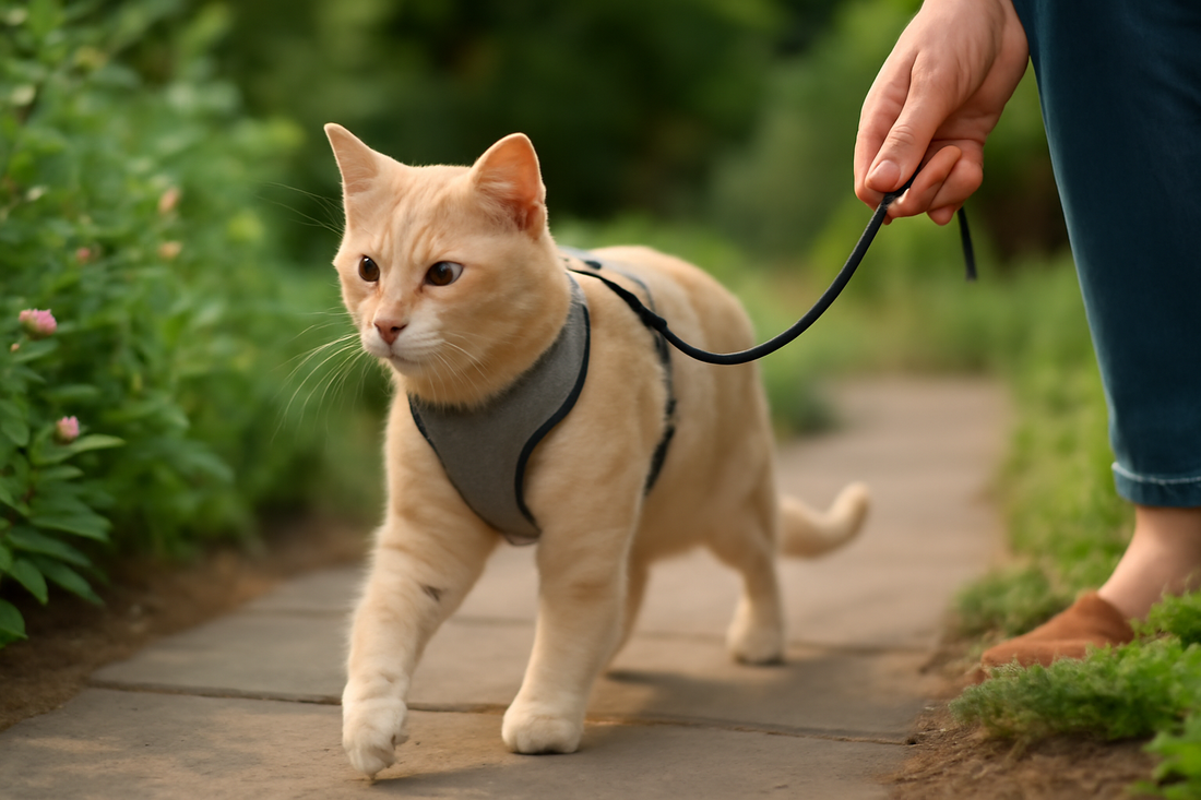 Chat portant un harnais et marchant en laisse dans un jardin calme, illustrant une première sortie en toute sécurité grâce à Litière Pacha.