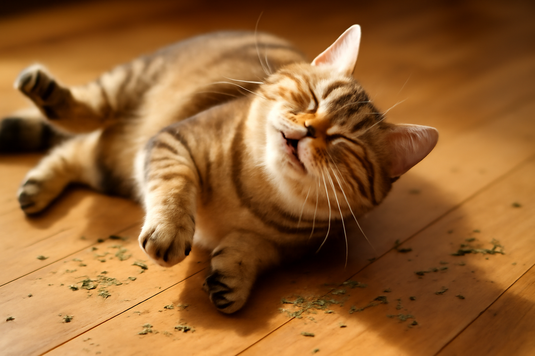 Chat jouant et se roulant sur le sol avec des feuilles d’herbe à chat séchées, exprimant joie et détente grâce à Litière Pacha.