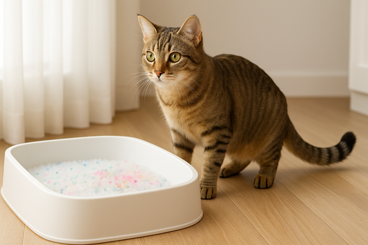 Chat à côté d’une litière avec cristaux détecteurs de santé montrant des variations de couleur, illustrant la surveillance urinaire grâce à Litière Pacha.