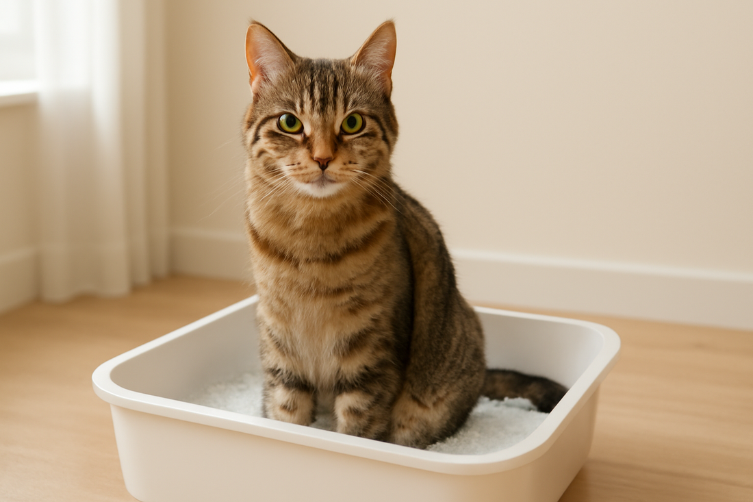 Chat assis paisiblement dans une litière propre remplie de Litière Pacha, illustrant la propreté et une digestion saine.