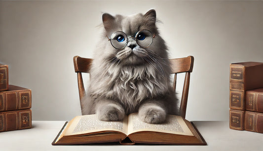 Chat gris à poil long portant des lunettes et lisant un livre ancien, posé dans un cadre épuré et amusant. Litière Pacha.