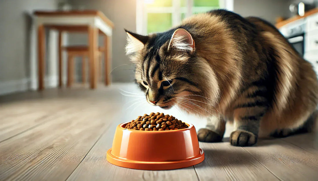 Un chat tigré à poil long mange des croquettes dans une gamelle orange posée sur un sol en bois clair. L'arrière-plan flou d'une maison moderne crée une ambiance chaleureuse et soignée. Litière Pacha.