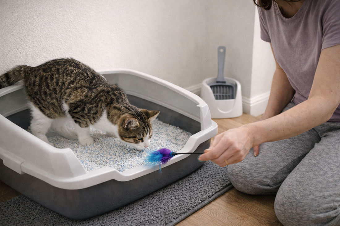 Litière Pacha : chat qui tente de manger la litière, redirection douce avec un jouet pour éviter l’ingestion