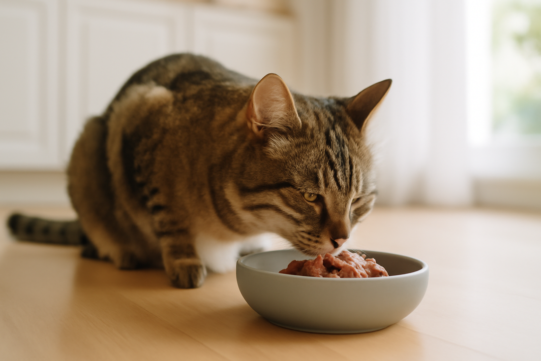 Chat domestique mangeant une nourriture équilibrée riche en protéines, dans un environnement calme et propre avec Litière Pacha.
