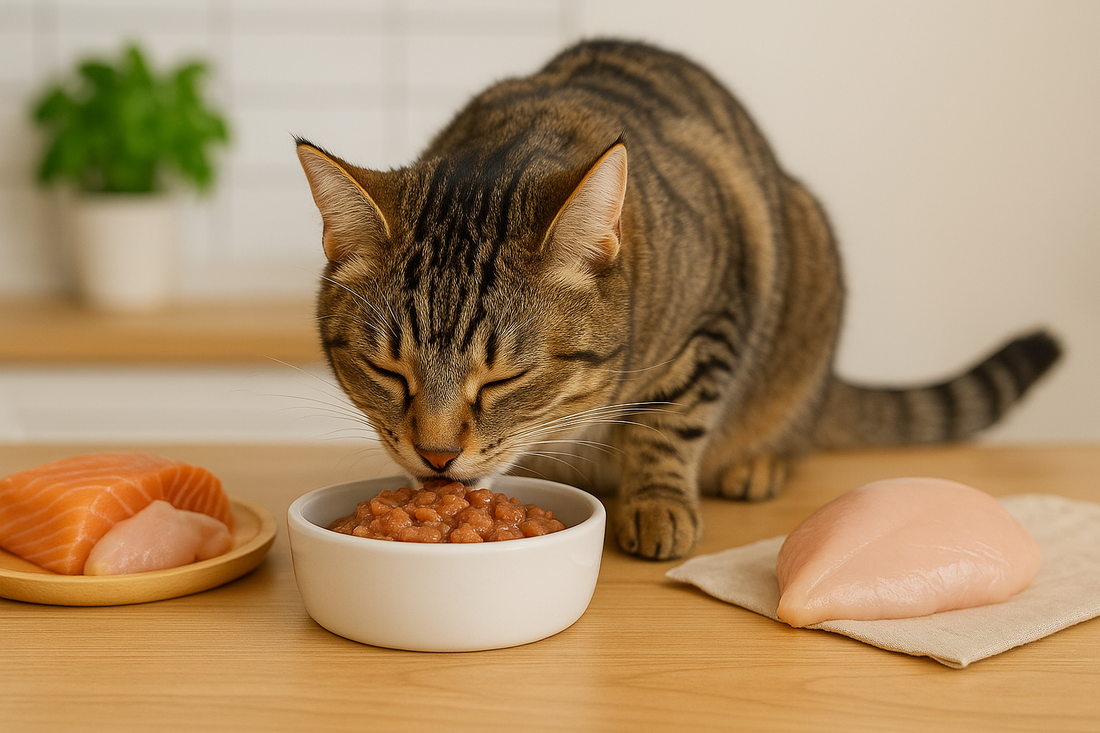 Chat adulte mangeant une alimentation humide riche en protéines, illustrant l’importance d’une nutrition saine avec Litière Pacha.