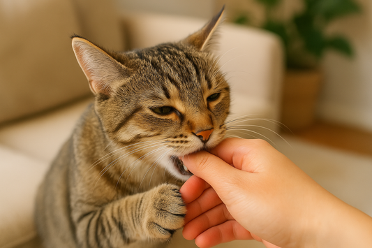 Chat donnant un léger mordillement d’affection à la main de son propriétaire, illustrant un comportement tendre et sécurisé avec Litière Pacha.